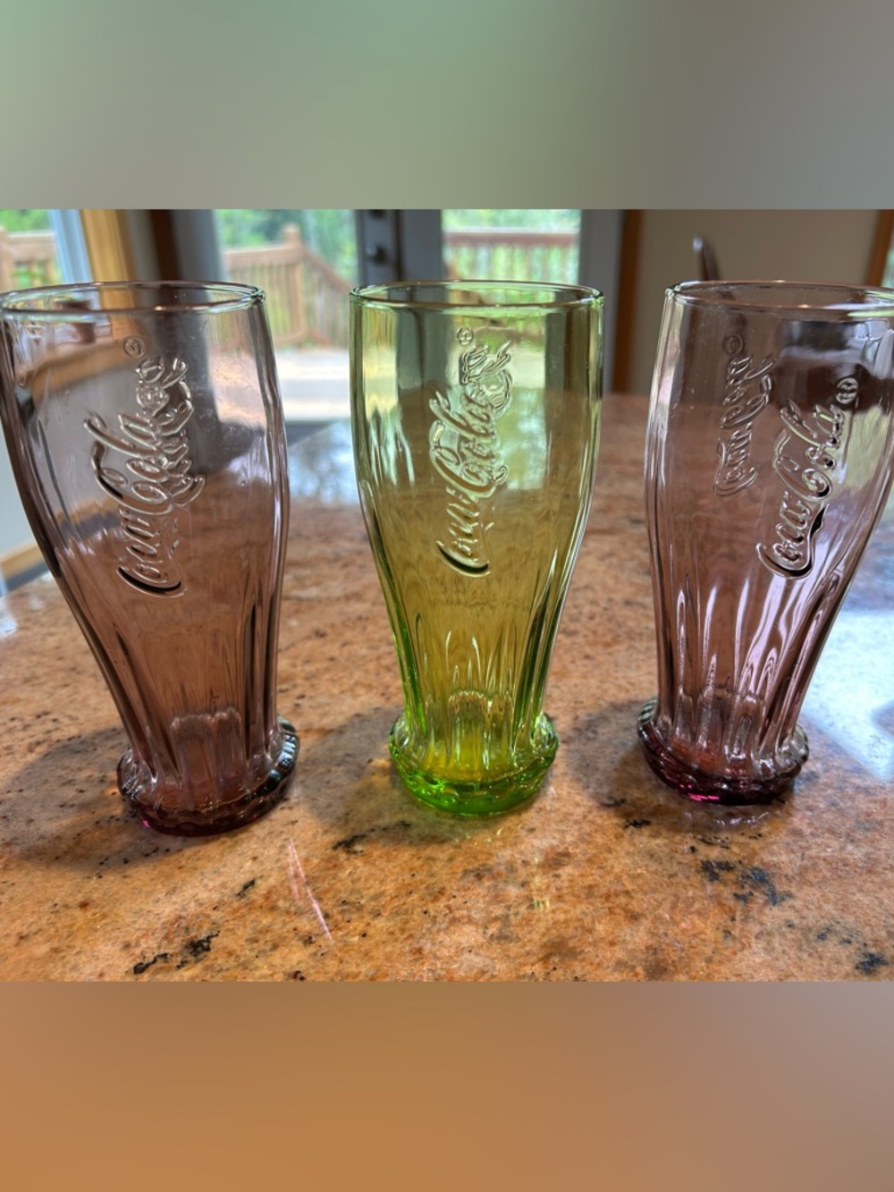 Coca-Cola Upside Down Bottle Glasses (3) Amethyst Purple & Lime Green 12 oz Vtg.